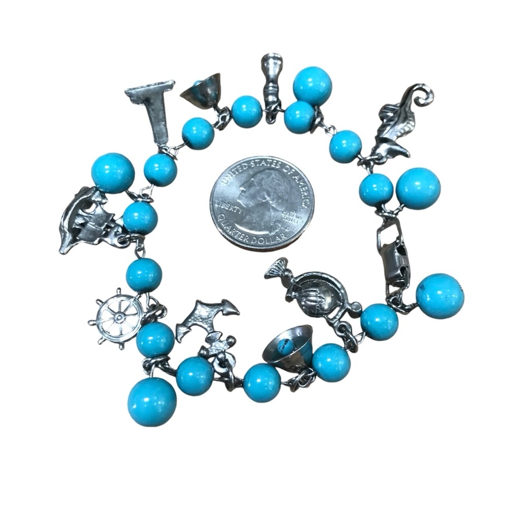 Vintage blue charm bracelet ship wheel bell seahorse anchor globe lighthouse